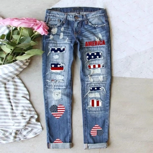 Jeans Femme Coupe Droite Déchiré Bleu Clair Avec Écussons Drapeau Américain Cœur Imprimé America Pantalon Denim