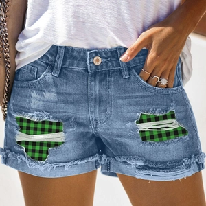 Short en Jean Déchiré pour Femmes Taille Haute Avec Doublure en Plaid Bordure Brute Short d'Été Décontracté