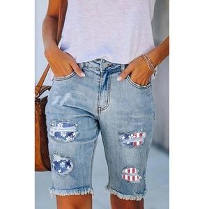 Women High Waist Denim Bermuda Shorts Distressed Ripped American Flag Patch Frayed Hem Casual Streetwear Jean Shorts
