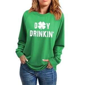 Green St. Patrick's Day sweatshirt featuring a white Day Drinkin' clover print on white background