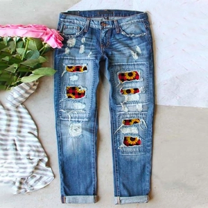 Women Vintage Ripped Denim Jeans Sunflower Daisy Patchwork Red Plaid Patch Straight Leg Washed Distressed Long Pants