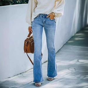 Women's light blue flare jeans with a slim fit and washed cotton denim casual style