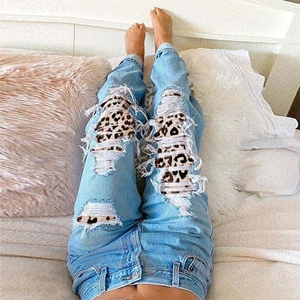 Jean Déchiré à Taille Haute pour Femme Patchwork Imprimé Léopard Pantalon en Denim à Jambe Droite Bleu Clair Streetwear