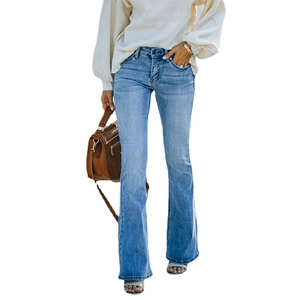 Women's light blue flare jeans with mid-rise slim fit and classic denim material