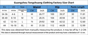 Detailed size chart for high waist denim shorts with EU and US measurement conversions