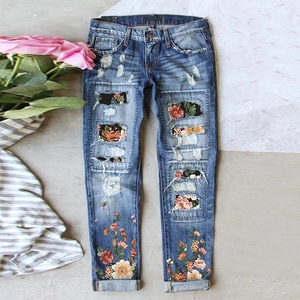 Damen Jeans Mit Geradem Bein Und Floralem Patch Risse Gewaschene Mittlere Taille Baumwolle Denim Hose Streetwear Blumenmuster