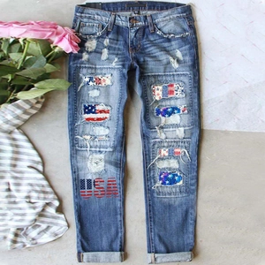 Pantaloni Denim Donna Vintage Strappati Patchwork Bandiera USA Gamba Dritta Vita Media Casual Streetwear Pantaloni
