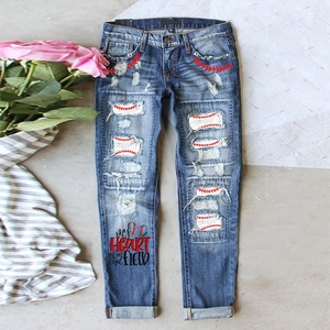 Jeans en Denim Déchiré à Thème Baseball pour Femmes Délavage Bleu Taille Moyenne Jambe Droite Imprimé Slogan Streetwear