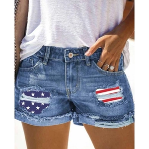 Short en Jean Femmes Drapeau USA Étoiles et Rayures Taille Haute Ourlet Effiloché Streetwear Été Casual Short