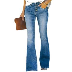 Women high waist flared jeans in dark blue wash featuring a stylish multi-button fly design
