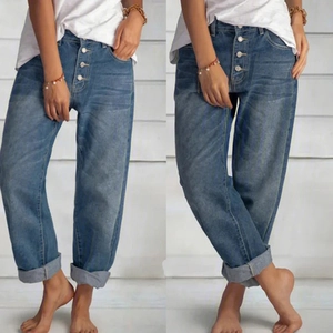 Jeans Jambe Droite pour Femmes Taille Haute Braguette à Boutons Mélange de Coton Bleu Décontracté Coupe Large Pantalon Denim