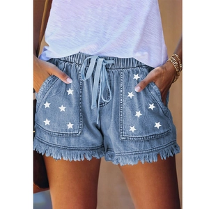 Women Casual Light Blue Denim Shorts High Waist Elastic Drawstring White Star Print Frayed Hem Summer Streetwear Bottoms