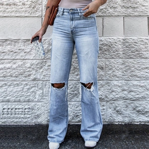 Damen Vintage High Waisted Wide Leg Jeans Zerrissene Knie Denim Hosen Casual Gewaschen Gerade Bein Streetwear Hosen