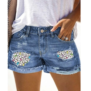 Short en Jean Déchiré pour Femme Patch Imprimé Léopard Lapin Taille Moyenne Ourlet Effiloché Streetwear Casual Short Bleu