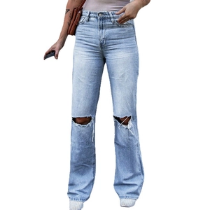 Damen Jeans in Hellblau mit hoher Taille, geradem Bein und markanten Knierissen