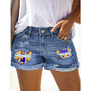 Short en Jean Distressed Vintage pour Femmes Sigma Gamma Rho ΣΓΡ 1922 Imprimé Patch Jaune Short en Jean Déchiré High Street Été