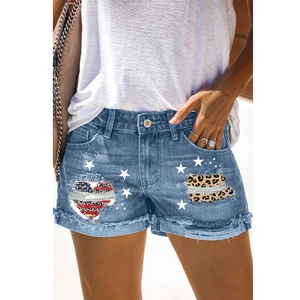 Short en Jean pour Femmes Distressed Ourlet Effiloché Avec Drapeau Américain Étoile Imprimé Léopard Taille Moyenne Été Décontracté Jean Hot Pants