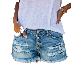 Women's light blue distressed denim shorts with raw hem and four-button fly design