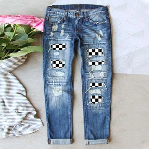 Women High Waist Ripped Jeans Distressed Checkerboard Patch Denim Straight Leg Pencil Pants Casual Streetwear Blue