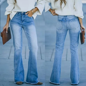 Jeans Évasés à Taille Haute pour Femmes Pantalons en Denim Délavé Bleu Clair Ourlet Effiloché Pantalon Décontracté Streetwear