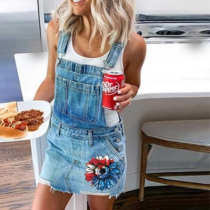 Light blue denim overall dress with American flag sunflower patch and frayed hem for women