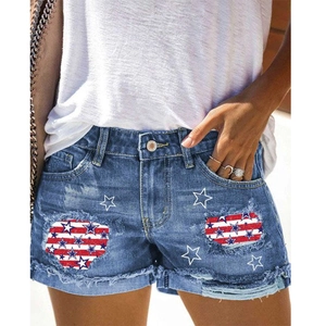 Shorts de Mezclilla de Cintura Media para Mujer Rotos Estampado de Bandera Americana Estrellas Rayas Borde Deshilachado Sexy