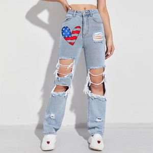 Jeans Strappati a Vita Alta da Donna Stampa Cuore Bandiera USA Pantaloni in Denim a Gamba Dritta Streetwear Azzurro