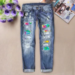 Women Mid Waisted Straight Leg Ripped Jeans Rainbow Patchwork Distressed Water Washed Denim Pants Casual Streetwear Trousers