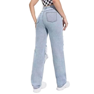 Jeans donna a vita alta blu chiaro a gamba dritta con strappi e tasche posteriori