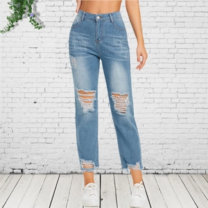 Women Ripped Distressed Straight Leg Jeans Mid Waist Frayed Hem Washed Denim Pants Light Blue Casual Streetwear Trouser
