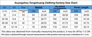 Size chart for women's distressed wide leg denim jeans with US EU measurements and conversions
