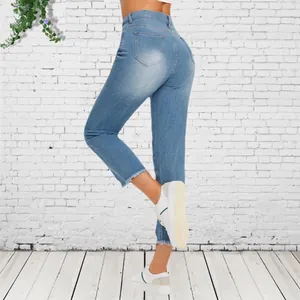 Women's light blue distressed straight-leg denim jeans with frayed hems and casual fit