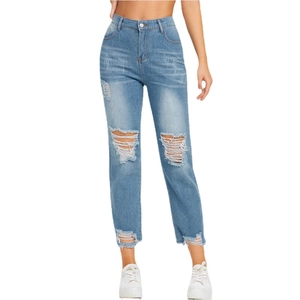 Women light blue high waisted distressed denim jeans with ripped knee and straight leg cut