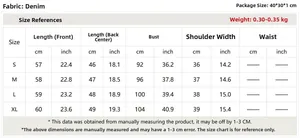 Size chart for vintage denim vest showing measurements in centimeters and inches for S to XL