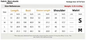 Size chart for women's distressed denim jacket showing measurements in cm and inches