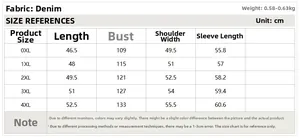 Detailed size chart for plus size denim jacket with tassel fringe showing 0XL to 4XL measurements
