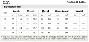 Size chart for white denim jacket showing XS to L measurements in cm and inches