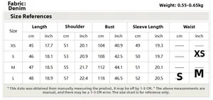 Size chart for women's denim jacket with measurements in cm and inch for XS to L sizes