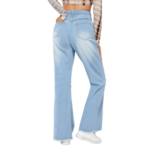 Women's light blue high waisted flare jeans with raw hem and distressed wash details