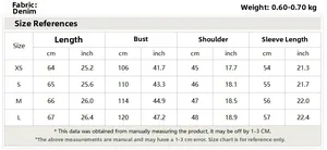 Detailed size chart for oversized denim jacket showing measurements in cm and inches