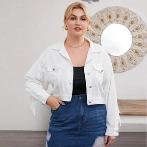Women Plus Size White Denim Jacket With Long Fringe Tassels Casual Long Sleeve Short Jean Jacket Fashion Coats