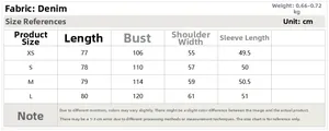 Tableau des tailles pour veste en jean femme avec mesures de longueur, buste et épaules