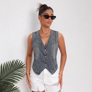 Women Washed Denim Vest Vintage Distressed Sleeveless V Neck Button Down Cropped Denim Waistcoat Top Slim Fit Streetwear Casual