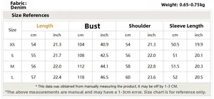 Detailed size chart for denim jacket with fringe, including length and chest measurements