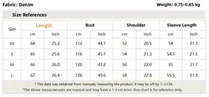 Detailed size chart for distressed denim jacket with length, bust, and weight info