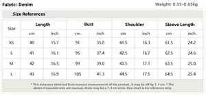 Detailed size chart for denim jacket with frayed edges and beaded tassels, sizes XS to L