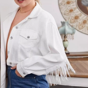 White cropped denim jacket with long fringe sleeves and single-breasted metal buttons