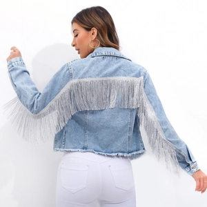 Giacca di Jeans Donna Taglie Forti Celeste Frange Argento Nappine Streetwear Boho Giubbino di Jeans Monopetto Rever Capispalla