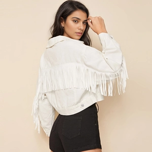 Damen Casual Weiß Tassel Denim Jacke Cropped Langarm Jean Mantel Bohemian Streetwear Locker Revers Einreihig Oberbekleidung