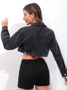 Detail view of the cropped charcoal grey denim jacket back with washed vintage finish